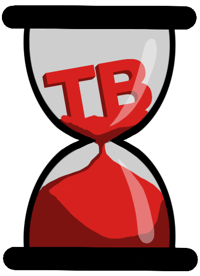 hourglass illustration with red sand and the letters T B in the top section