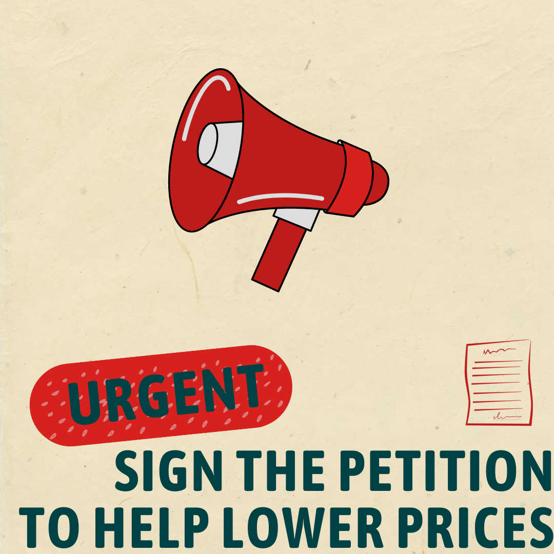 A red megaphone and a piece of paper. Text: Urgent. Sign the petition to help lower prices.