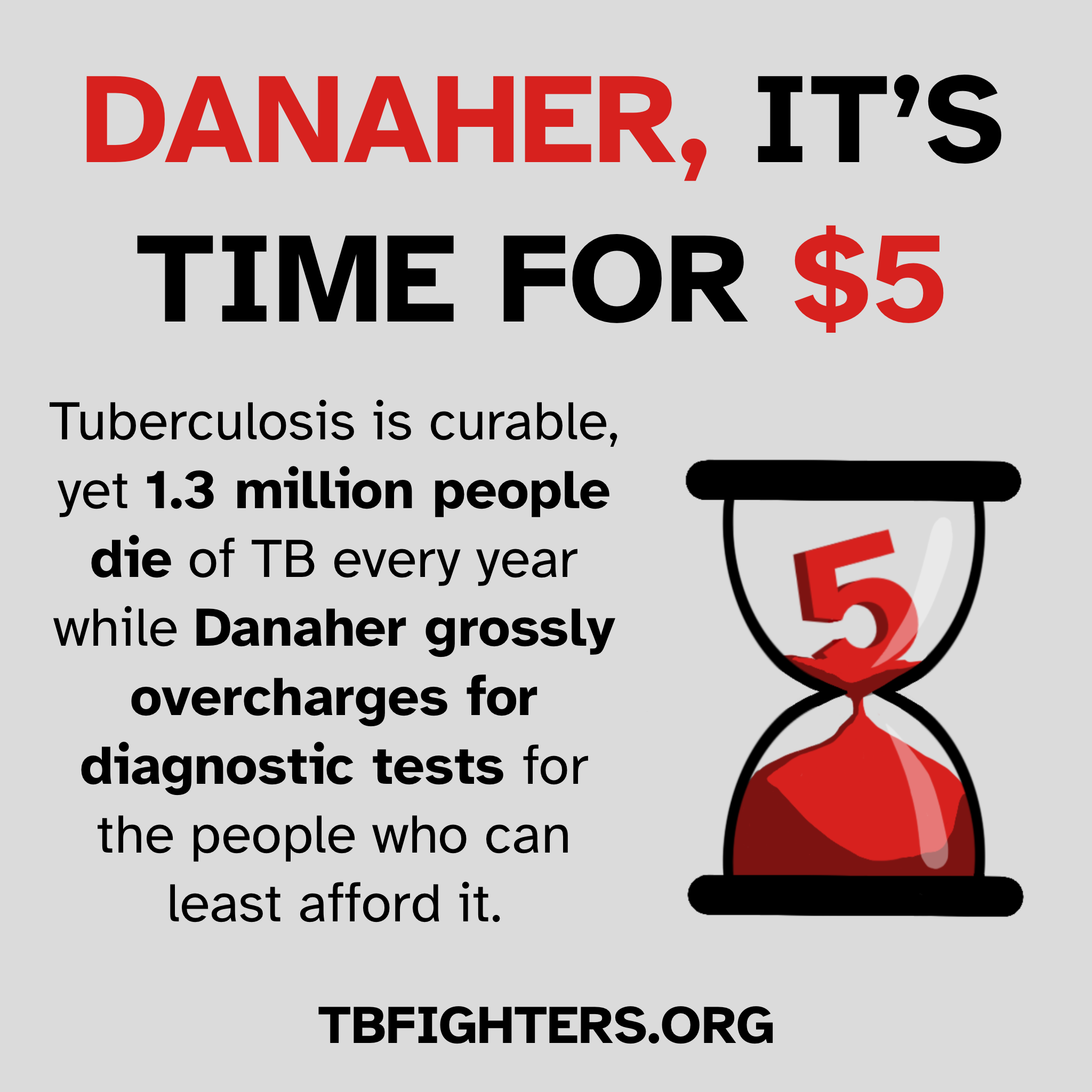 Danaher, it’s time for $5. Tuberculosis is curable, yet 1.3 million people die of TB every year while Danaher grossly overcharges for diagnostic tests for the people who can least afford it. The footer is: TBFIGHTERS.ORG. An hourglass with red sand and “TB” in the top section.
