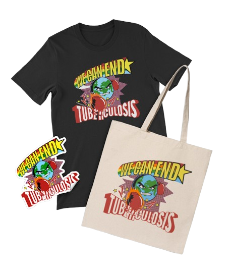 illustration of tee-shirt, tote bag, and sticker, all with
							design reading 'WE CAN END TUBERCULOSIS' in all caps along with
							a cartoon of the globe punching the word 'tuberculosis'